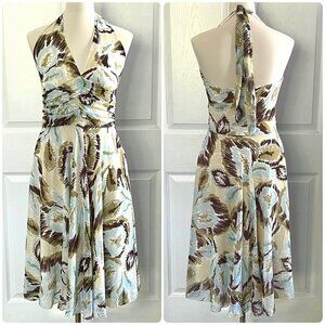 Vintage A.P.N.Y Blue Beige Printed Gathered Detail Halter Midi Dress sz 10 Y2K